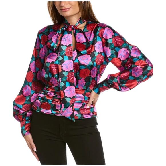 Ronny Kobo NWT Eden Floral Top Size S Chiffon Neck Tie Button Cuff Pleated Waist - Picture 1 of 13